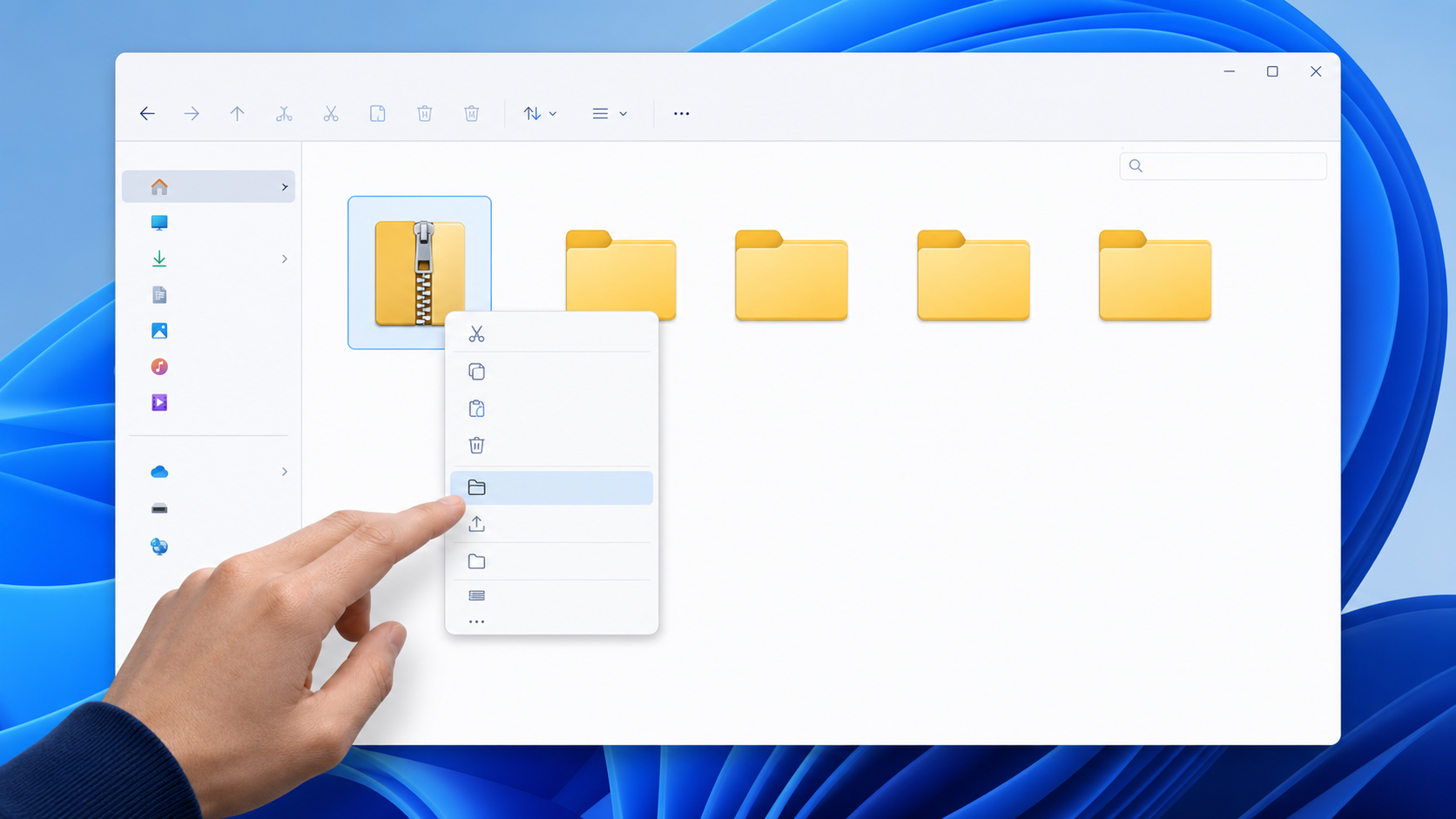 압축 파일을 선택하고 폴더로 푸는 과정을 보여 주는 파일 탐색기 장면